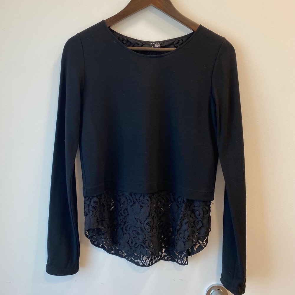 Theory Top Women Small Black Bente Idol Jersey Lace Hem Blouse Witchy Whimsigoth